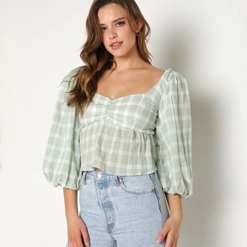 Show Me Your Mumu Womens Angelique Top Size M Green Plaid Cropped Smocked